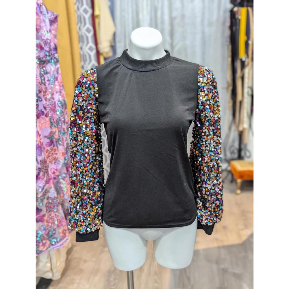 Sequin Puffed Long Sleeve Mock Neck Pullover